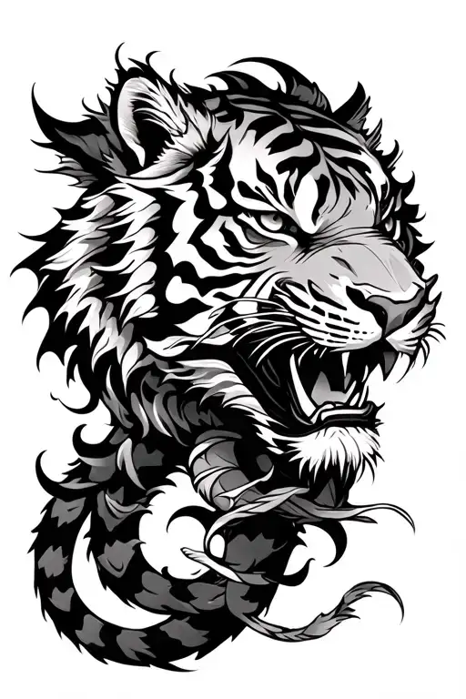 Tiger Head With Japenese Dragon Intertwined