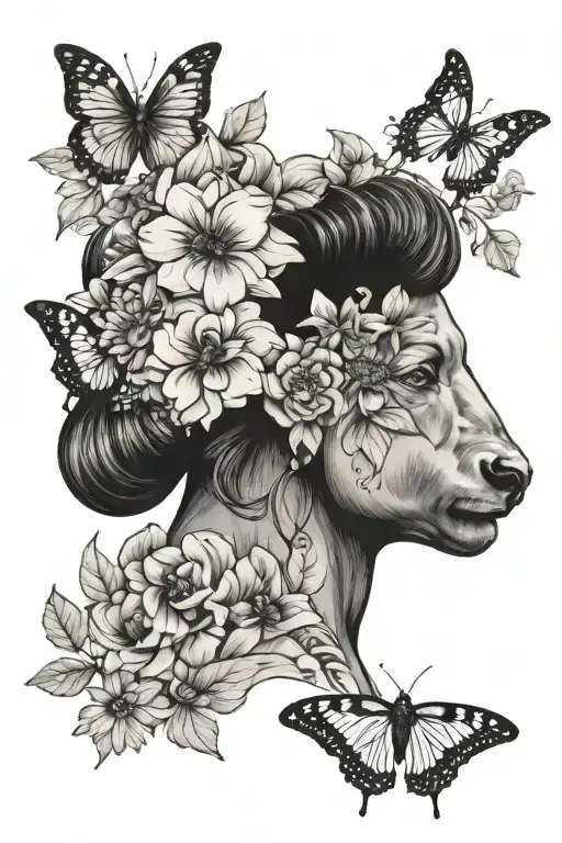 Buffalo With Butterflies And Flowers On Top Of Woman's Head With Her Arms Holding The Animal