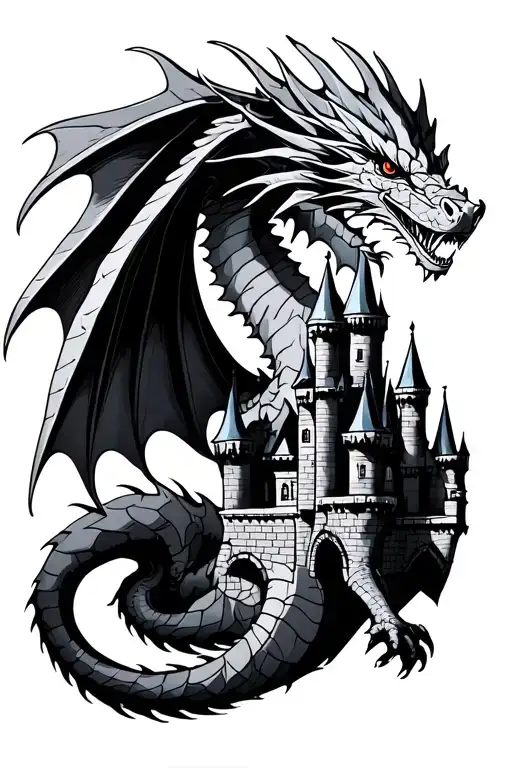 Dragon Flying With A Castle