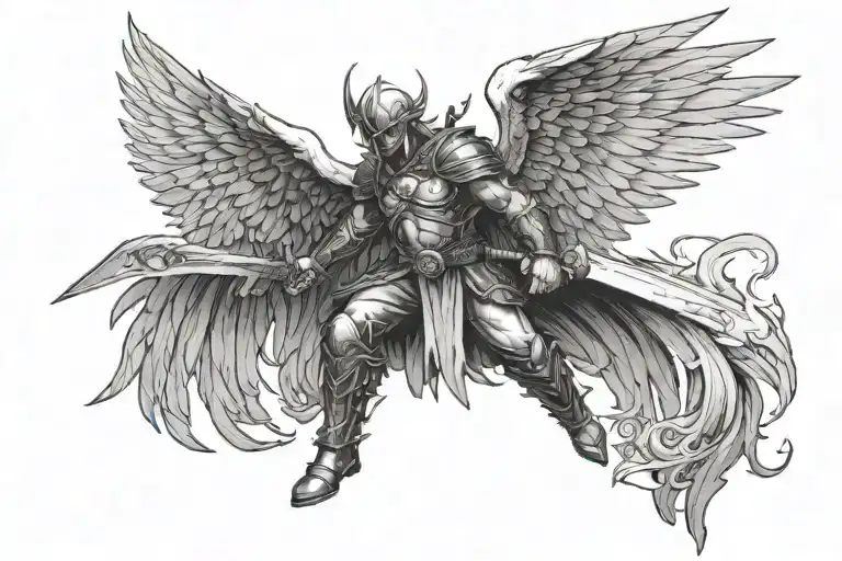 Guardian Warrior Positioned Sideways While Holding A Sword And A Large Wing Coming Out The Back