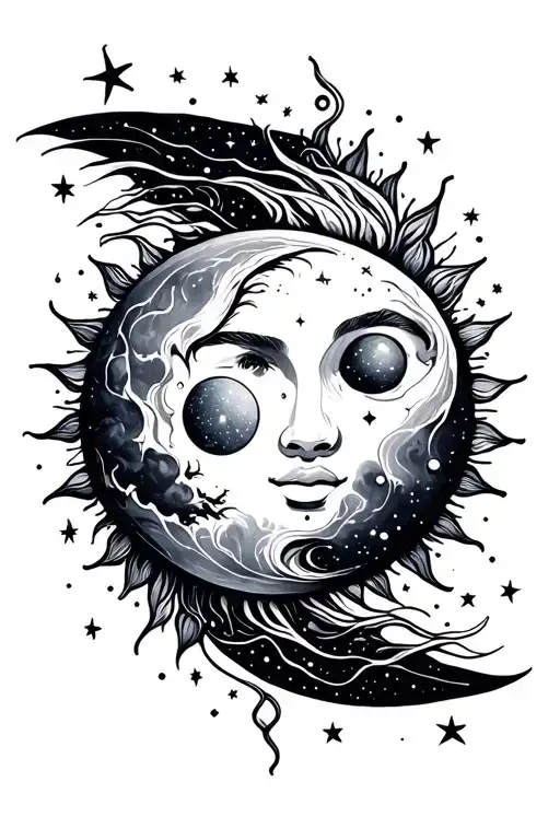 Moon Sun And Stars In Flowy Line Galaxy Filled