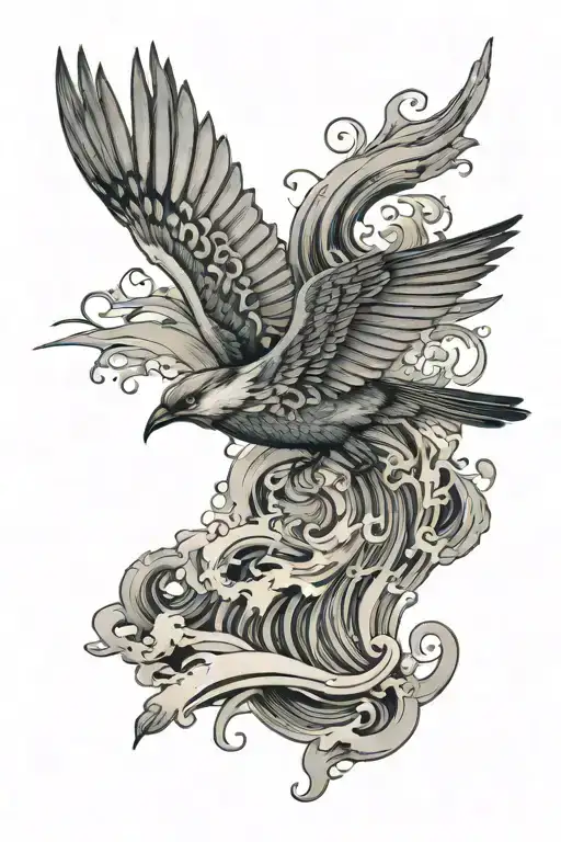 An Intricate Design Of Hirondelles Flying Over A Sea Of Swirling Ocean Waves
