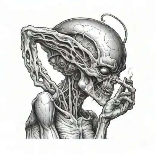 Alien Smoking A Joint Surrounded By Women In Provocative Poses