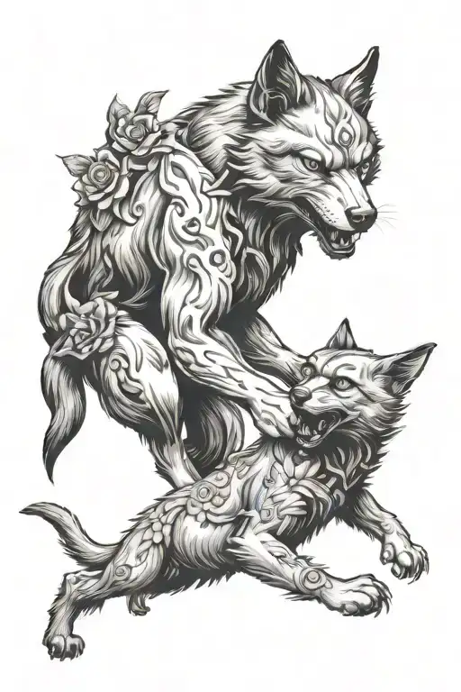 A Scary Cat Fighting A Wolf With Flower Large Black