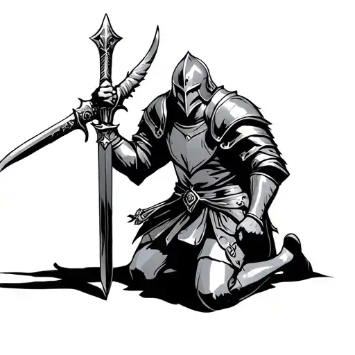 An Image Of A Kneeling Knight Holding His Sword In A Dark Fantasy Style