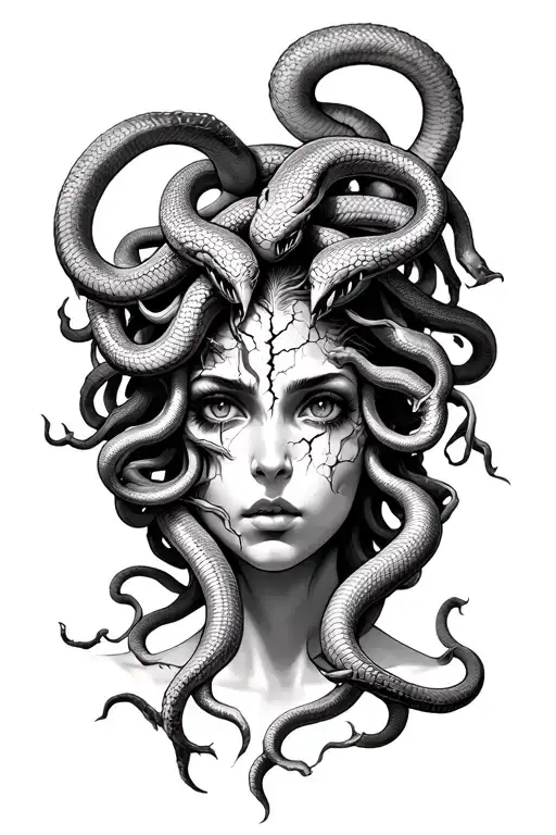 Forward Facing Medusa With A Crack In Her Face And Glossed Over Eyes And Head Full Of Vicious Snakes