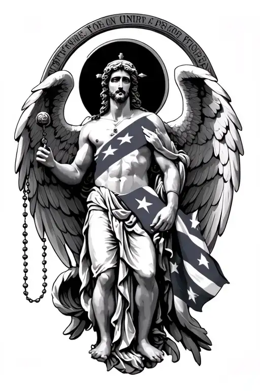Arch Angel Michael With Rosary Beads Intertwined And A Puerto Rican Flag