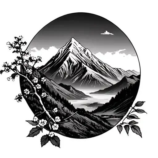 Mountain Landscape With Hawthorne Branch In The Foreground