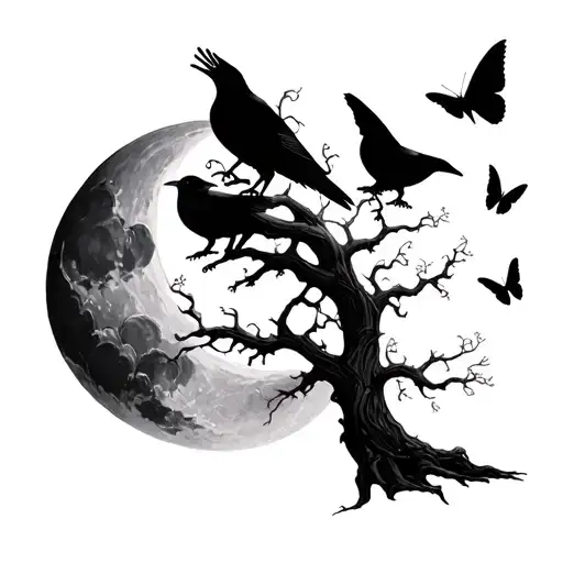 Tree On Moon Crows Butterflies Flying Off Tree