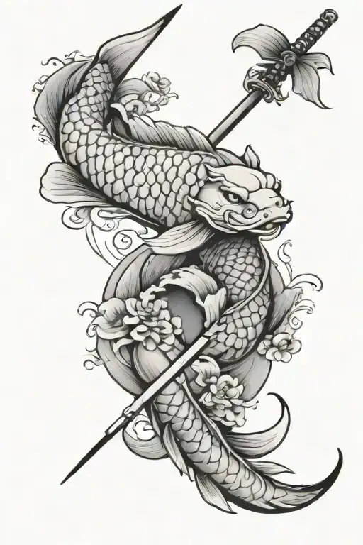 A Katana Down The Middle With Koi Fish Swimming
