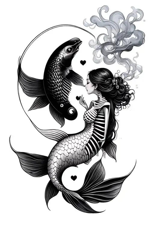 Yin Yang Koi Fish Skeleton And Woman Smoke Chinese Symbol Love