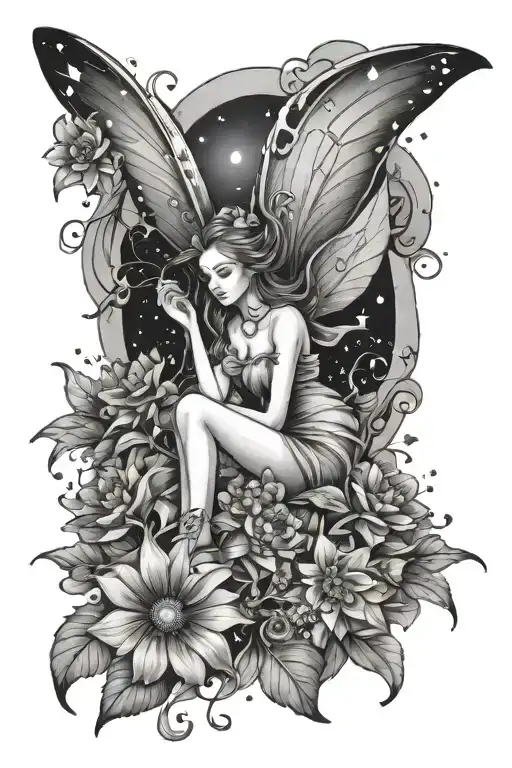 A Fairy Flying To The Stars Surrounded By Flowers