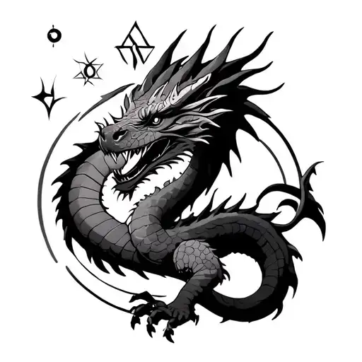 A Dragon With Symbols Representing The 4 Elements Around It