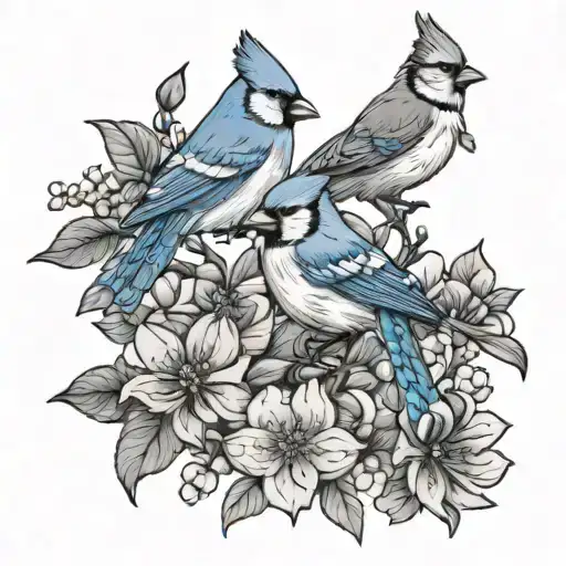 Cardinal And Blue Jay Flowers Around