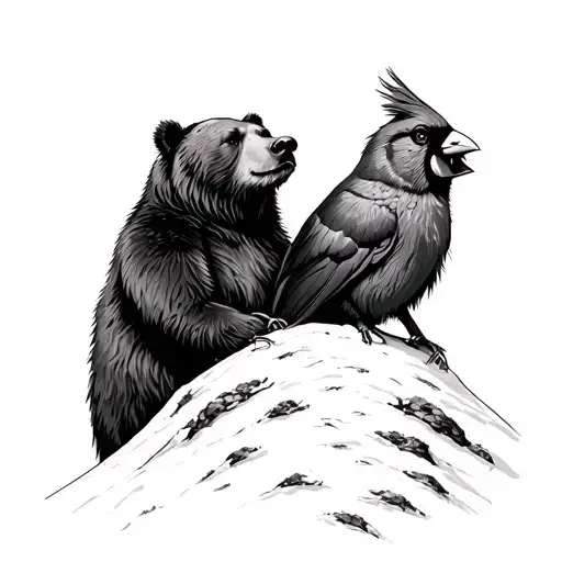 Bear And Cardinal Looking Off Into The Distance