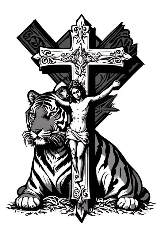 Cross Of Jesus With A Tiger's Head In The Background