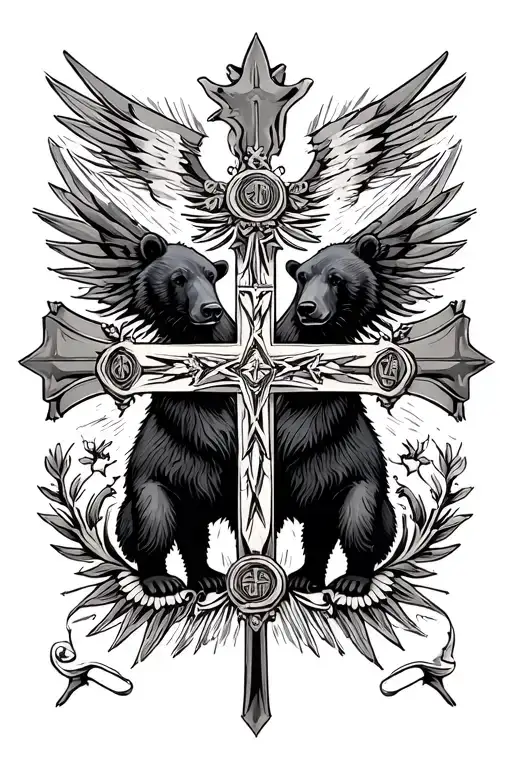 Religious Cross Two Bears Russian Flags