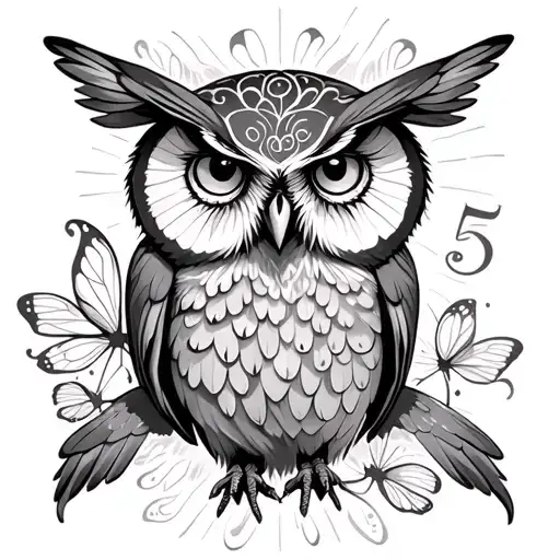 Spiritual Owl And Butterfly With Number 5
