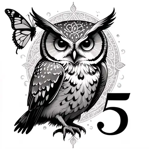 Spiritual Owl And Butterfly With Number 5