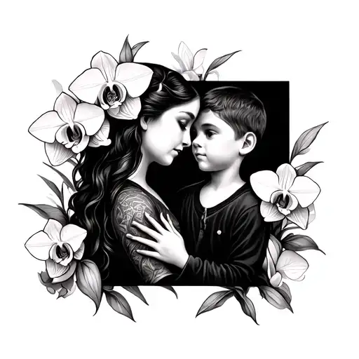 Mother And Son With Orchids Around Them