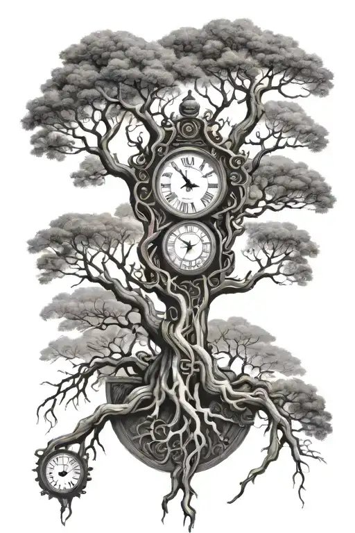 Bare Branch Tree With Thick Roots And Clock
