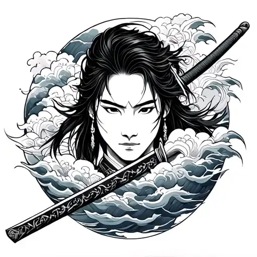 Chuugi Tattoo With Japanese Clouds And Samurai Sword