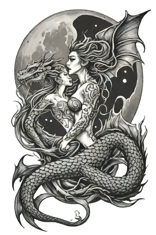 Dragon And Mermaid Under The Moon