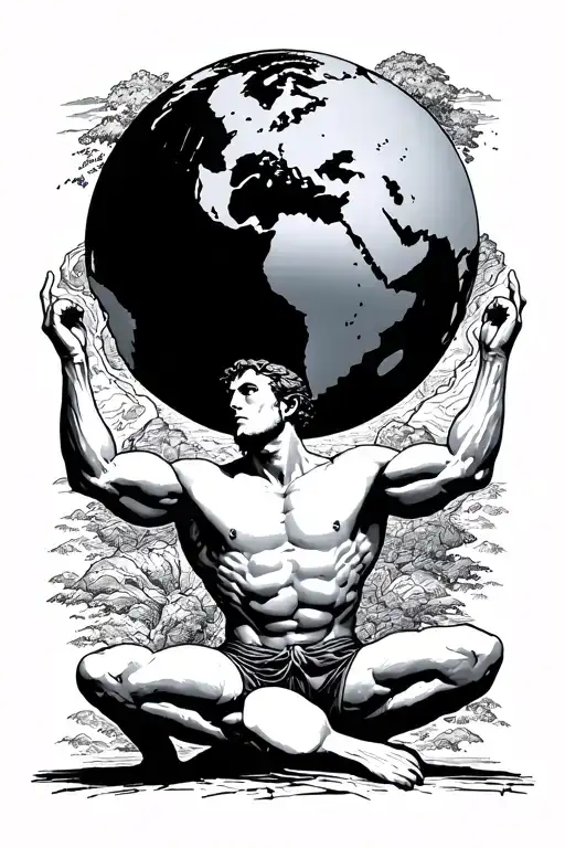 Atlas Holding World Above His Head Kneeling Down And The World Shape Is Entire Black