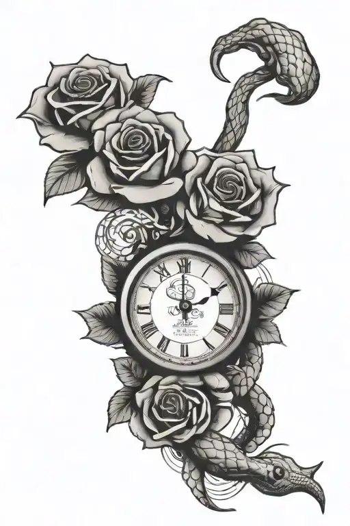 Time Clock With Roses And Snake Wrapped