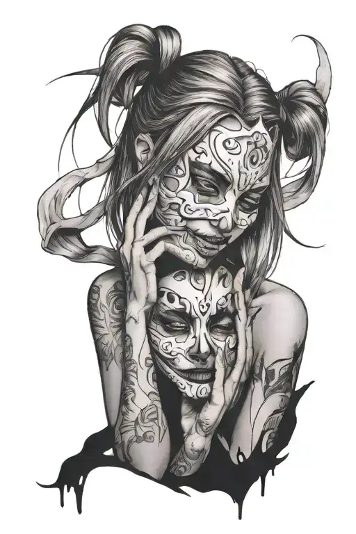 Crying Girl Holding A Broken Smiling Mask