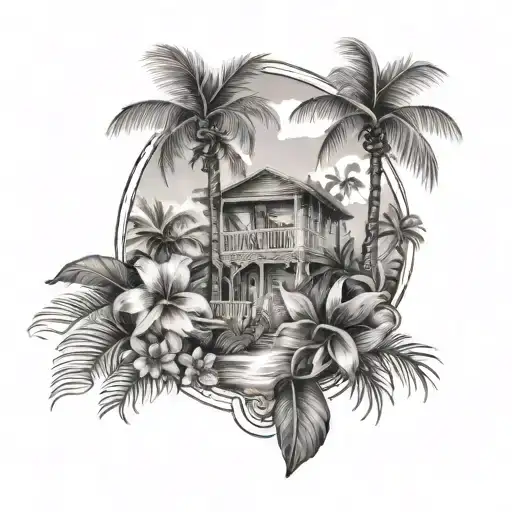 Black And White Tropical Tattoo With A Key West Theme