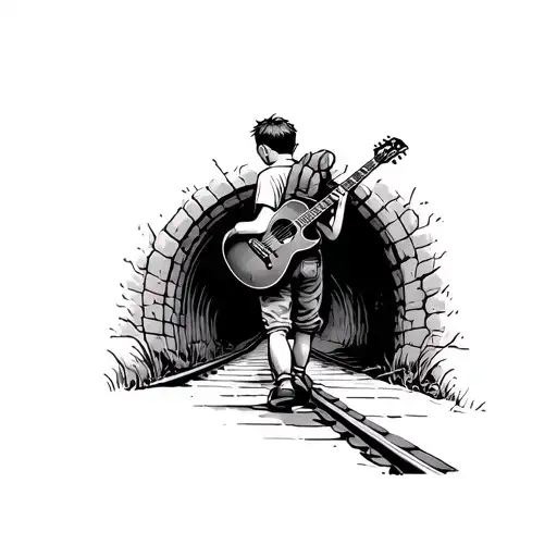 Sketch Of A Boy Carrying A Guitar On His Back Walking Through A Tunnel On A Railway Track