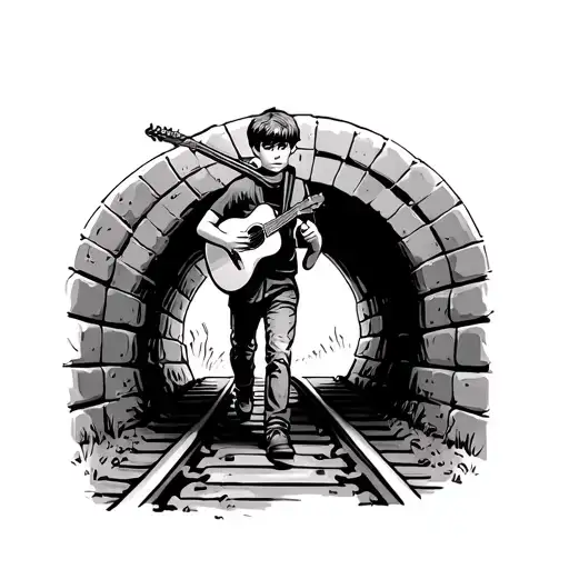 Sketch Of A Boy Carrying A Guitar On His Back Walking Through A Tunnel On A Railway Track