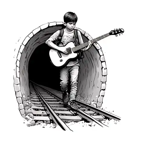 Sketch Of A Boy Carrying A Guitar On His Back Walking Through A Tunnel On A Railway Track