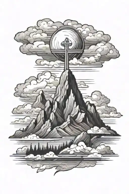 Mountain With Cross On Top With Clouds Surrounding