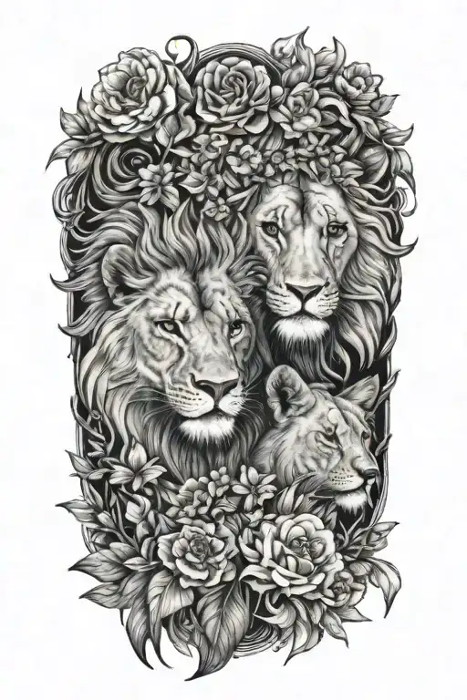 Male Lion And Female Lioness In Love Surrounded By Larkspur And Narcissus Flowers