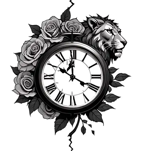 Broken Clock With Roses And A Lion Head With
