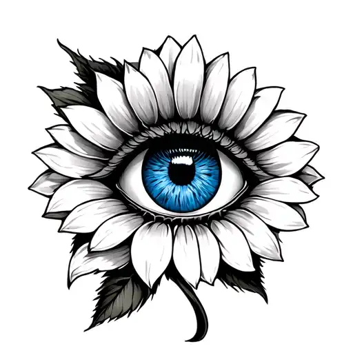 Blue Eye With A Sunflower Blooming Behind It