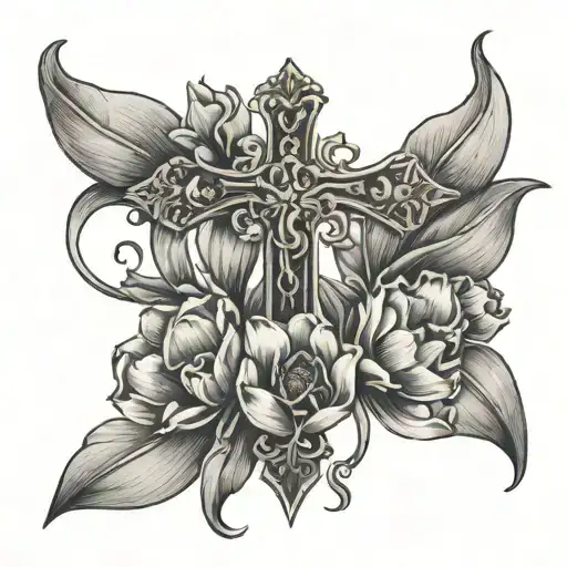 Cross In Shape Of Sward Wrapped In Tulips Black And Grey