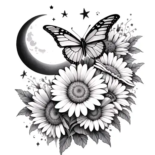 Gothic Forearm Tattoo With Butterflies And Daisies With Moon And Stars