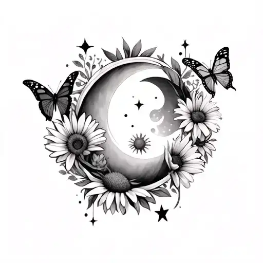 Gothic Forearm Tattoo With Butterflies And Daisies With Moon And Stars