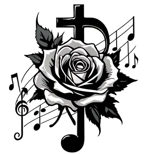 Music Note With A Cross Tattoo With A Rose Intertwined