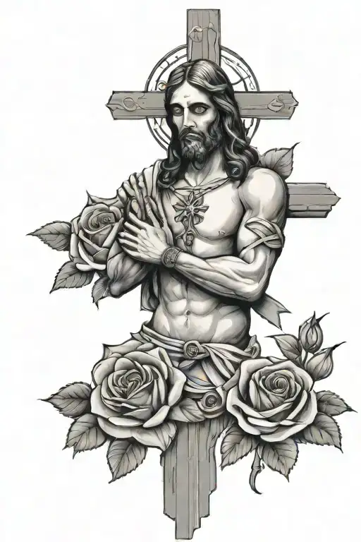 Jesus Christ With Cross In The Background And Roses