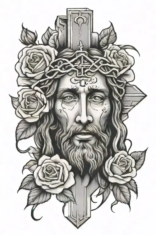 Jesus Christ Face With Cross In The Background And Roses