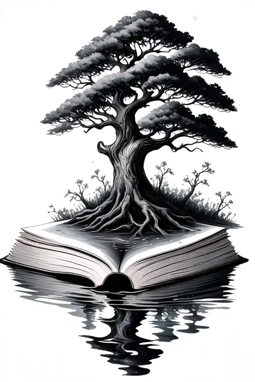 Trees Growing Out Of Book With Water Relection