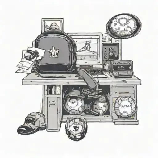 A Black And Grey Tattoo Of A Manager's Office With Baseball Memorabilia On The Walls