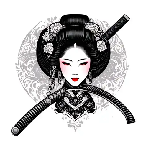 Face Of Geisha Holding In Katana