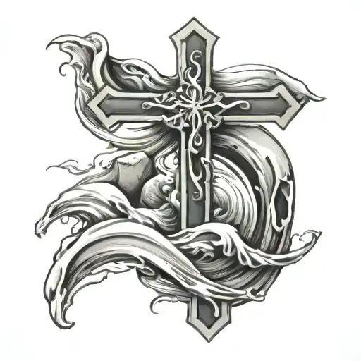 Cross With Rocks And Water Waves