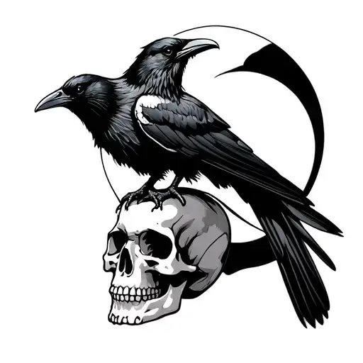 Raven Perched On A Skull With The Moon Behind It