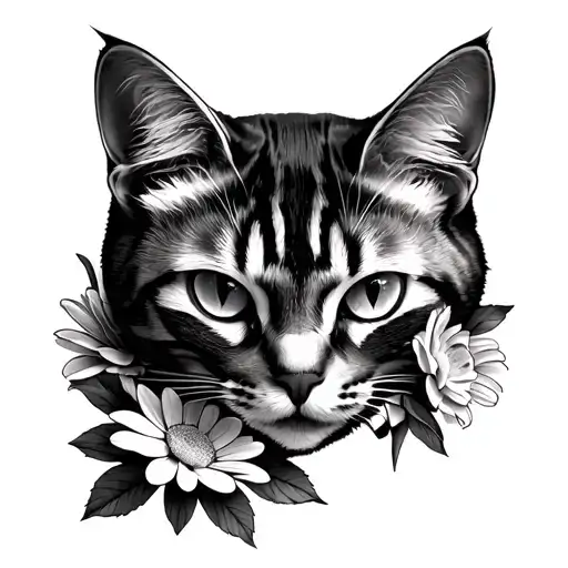 Cat Head With Chrysanthemum Flowers